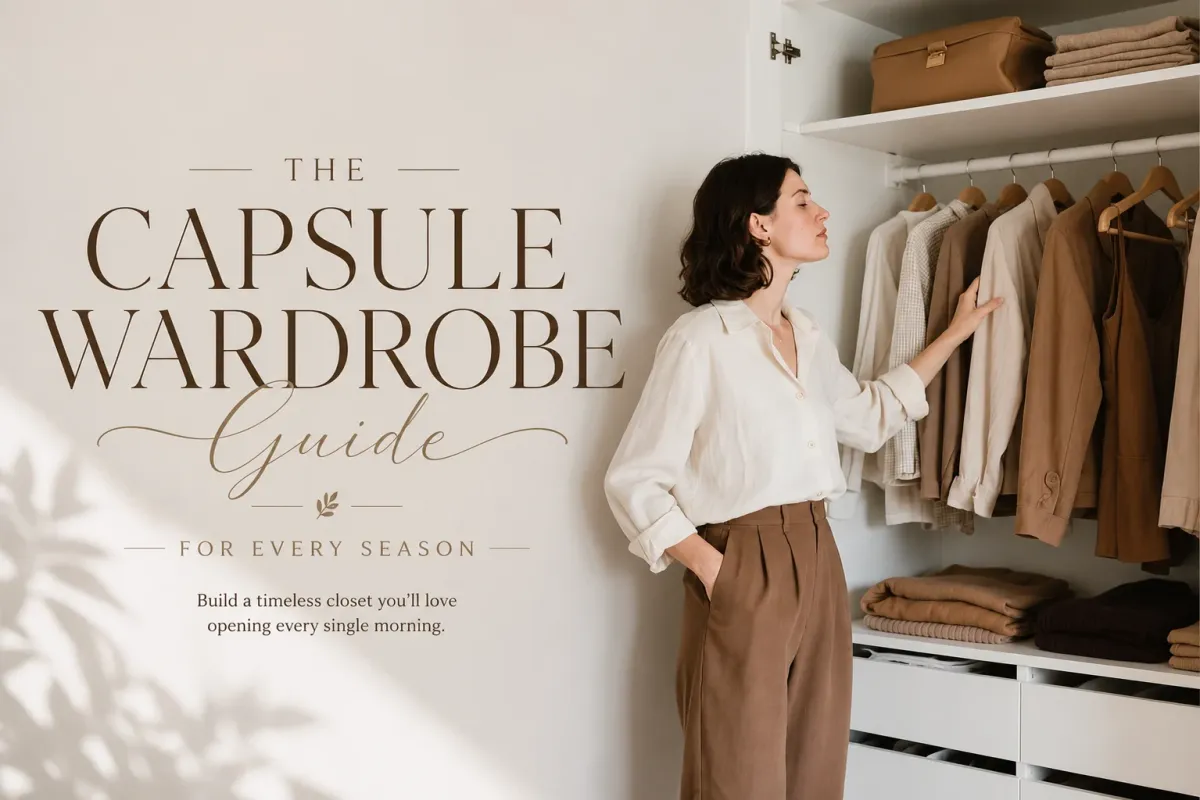 A minimalist capsule wardrobe featuring neutral clothing, timeless fashion essentials, wooden hangers, and a cozy modern bedroom with soft natural sunlight.