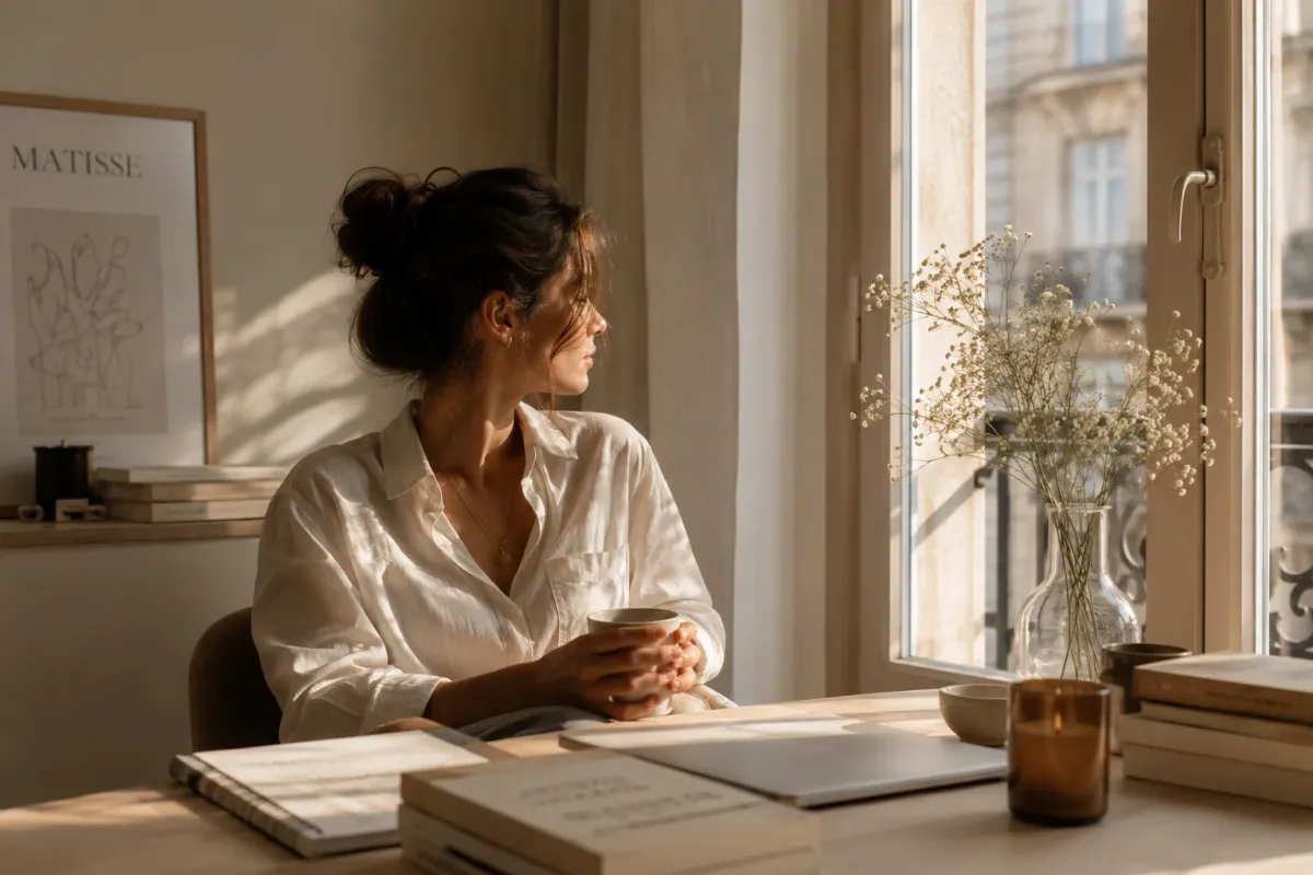 A confident woman standing peacefully by a sunlit window in a neutral-toned room, wearing timeless clothing and expressing calm confidence through relaxed body language.