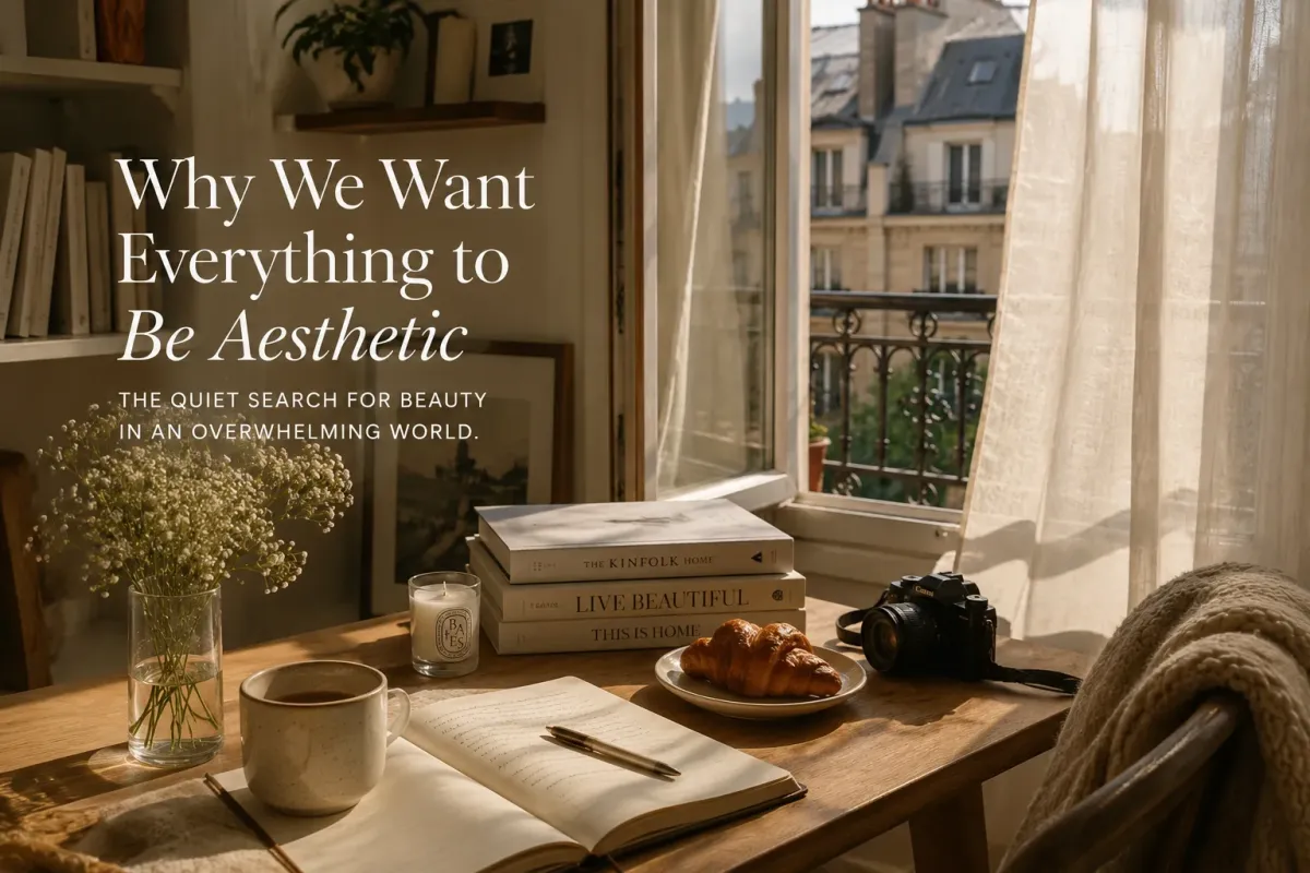 A warm sunlit European apartment with a wooden table, fresh flowers, coffee, books, and soft morning light, representing aesthetic living and intentional everyday beauty.
