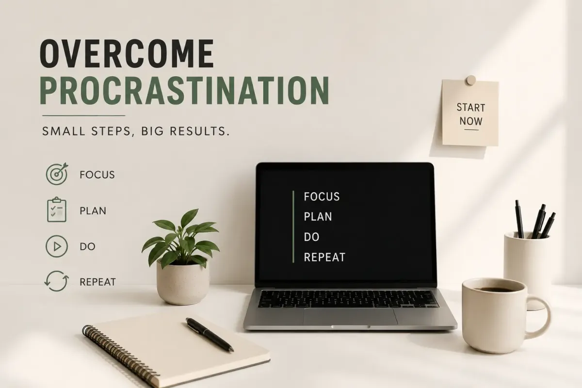 Person working at a clean desk with a planner, laptop, coffee, and checklist while overcoming procrastination through focused work.