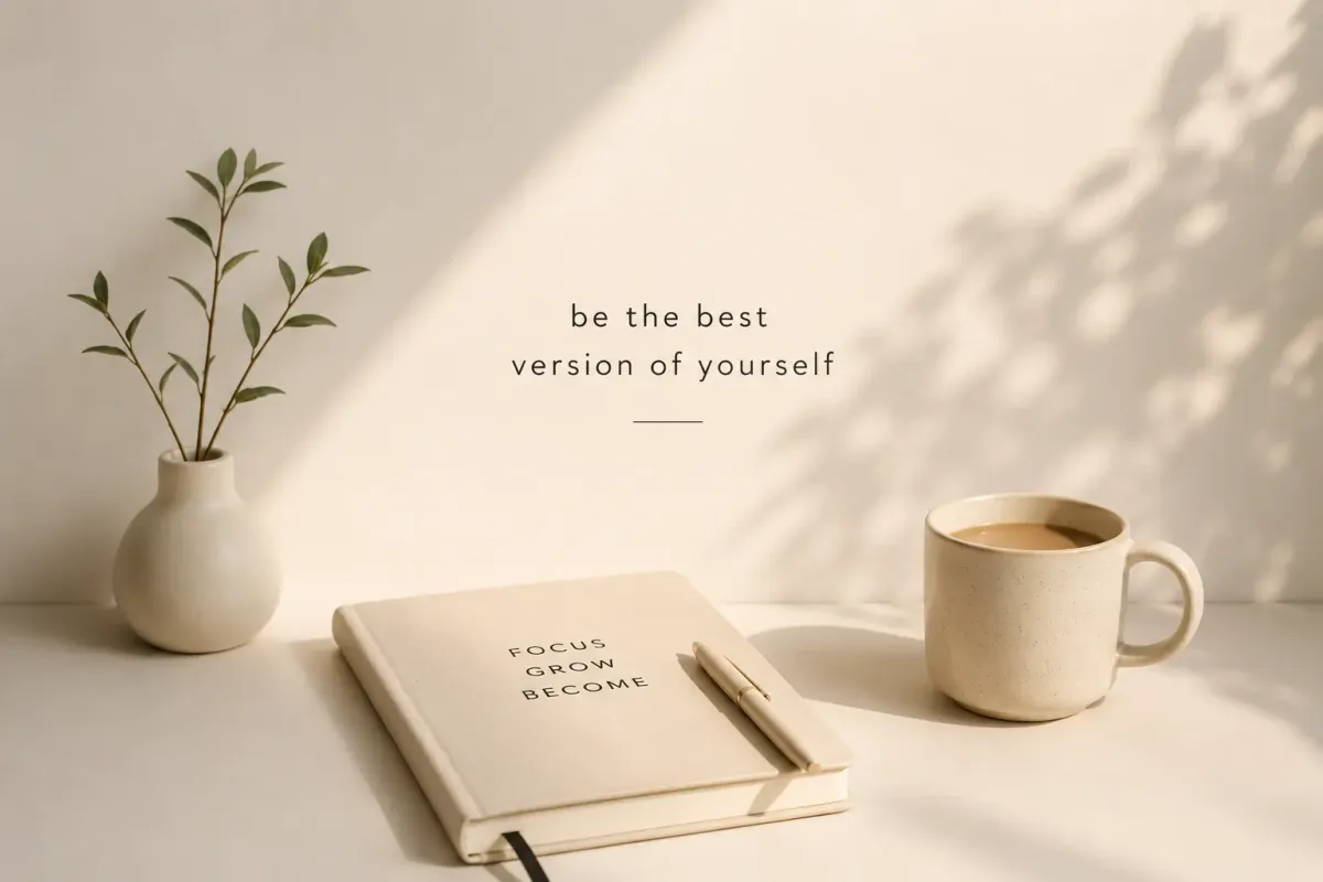 Young woman journaling with coffee, books, and a laptop in a bright minimalist workspace, symbolizing personal growth and self-improvement.