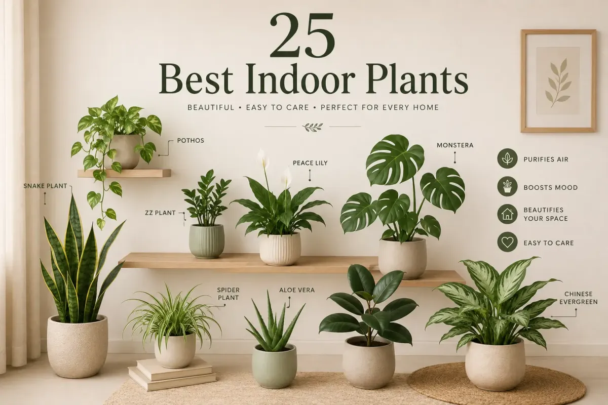 Collection of beautiful indoor plants in ceramic pots arranged in a bright, minimalist living room with natural sunlight.