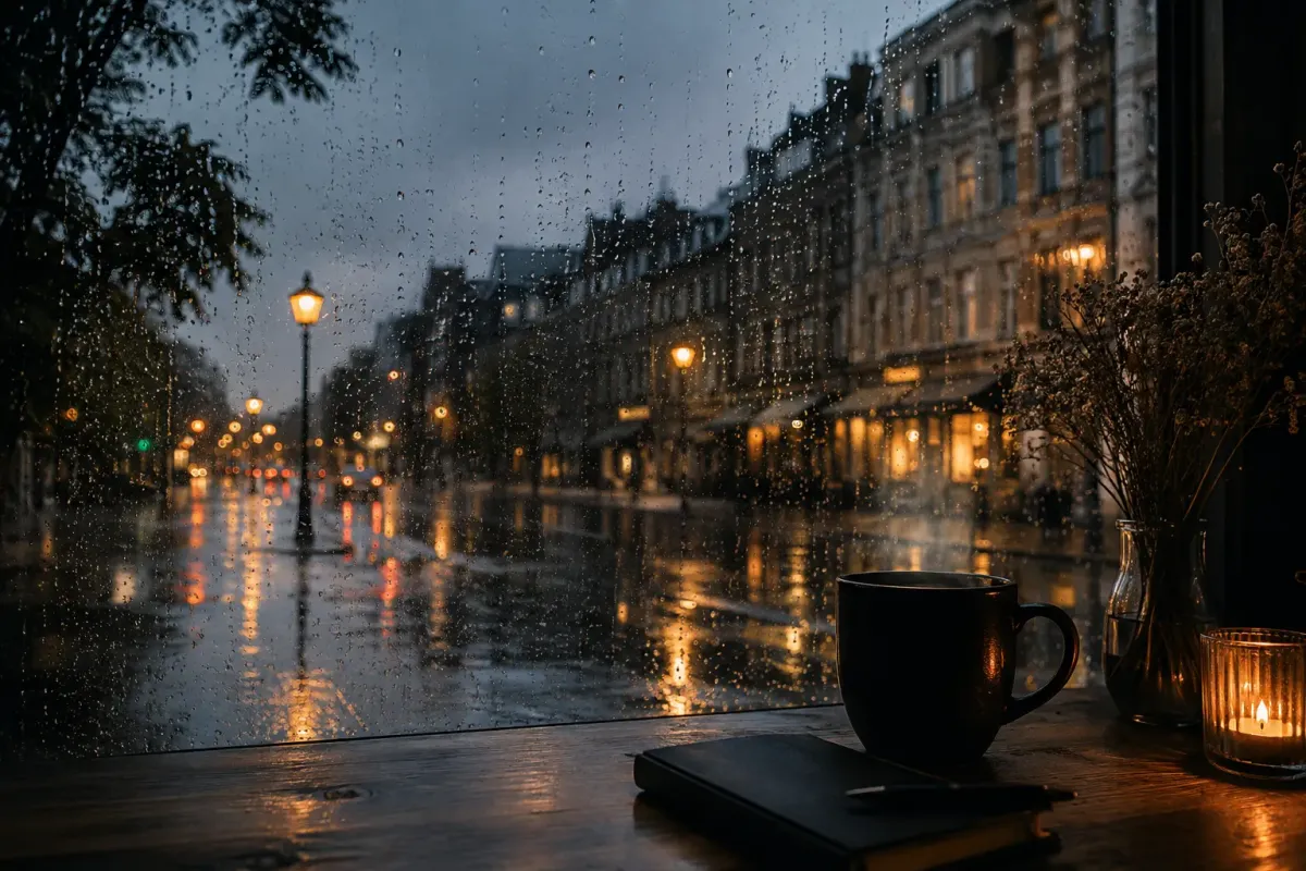 Minimalist cozy window with raindrops, a warm cup of coffee, an open book, and soft natural light creating a peaceful rainy-day atmosphere.