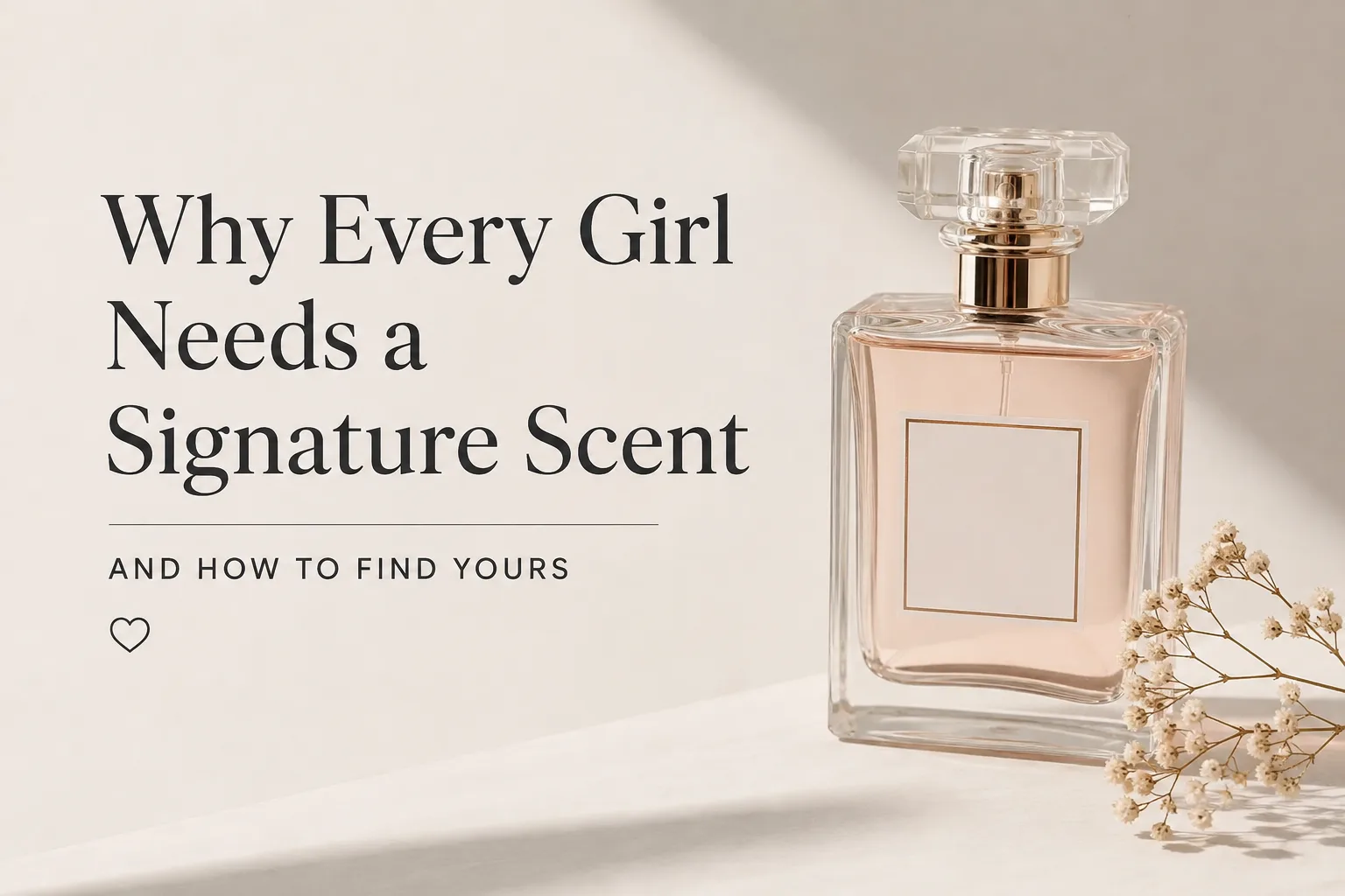 Elegant perfume bottle with flowers and soft feminine aesthetic