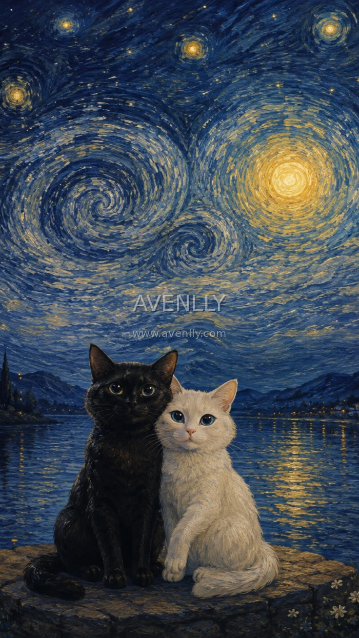 Black and White Cats Starry Night Wallpaper