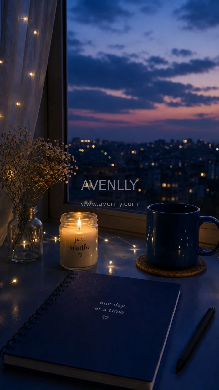Blue Hour Cozy Desk Aesthetic Wallpaper