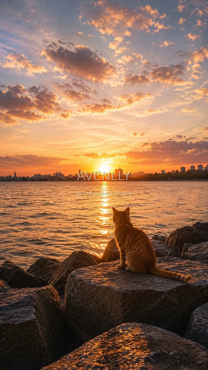 Cat Watching Sunset by the Lake Aesthetic Wallpaper 4K