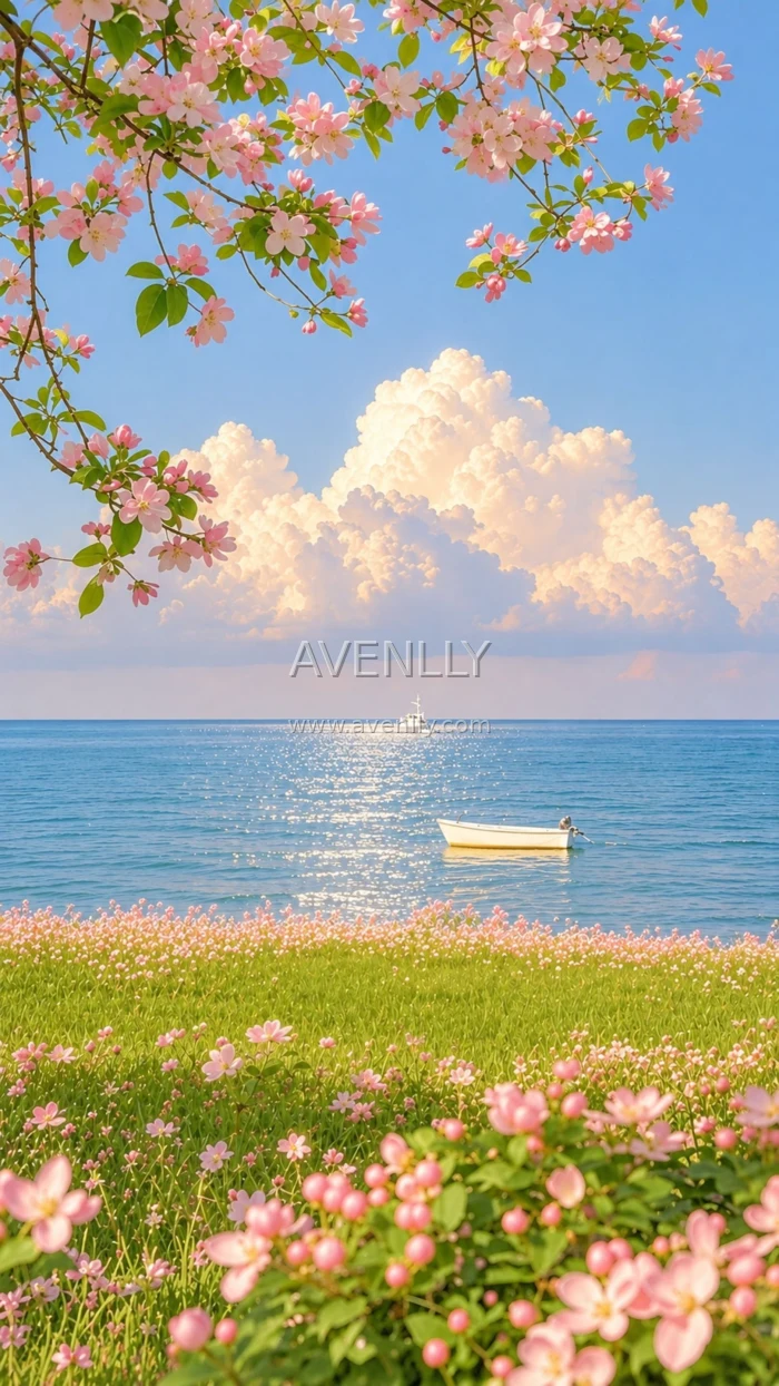 Cherry Blossom Beach Aesthetic Wallpaper HD