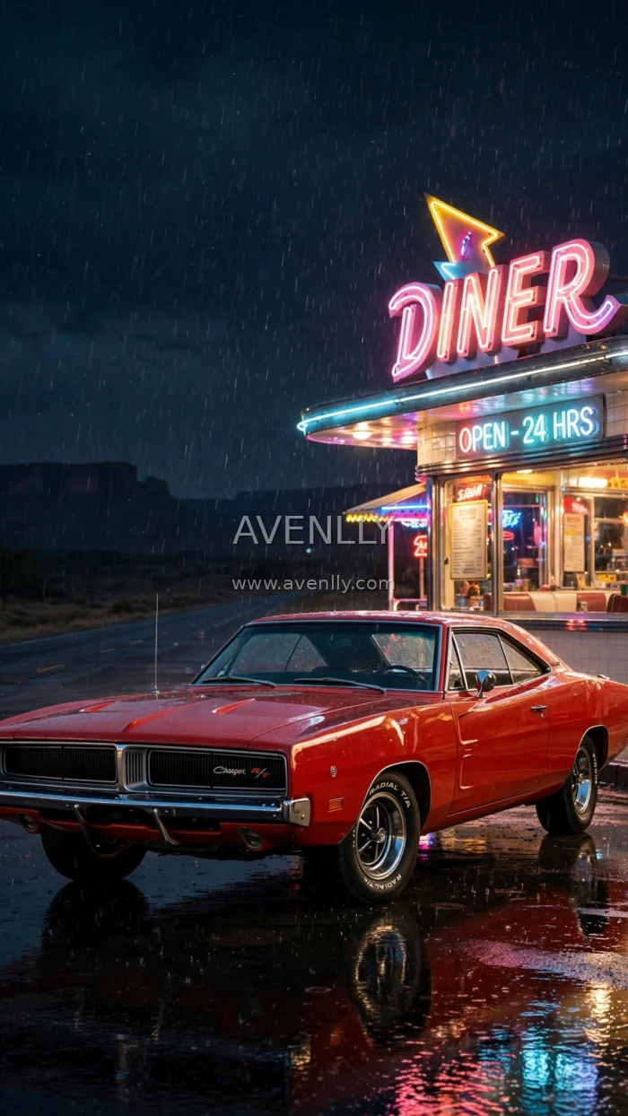 Classic Dodge Charger R/T Neon Diner Wallpaper | Retro Night Drive 4K