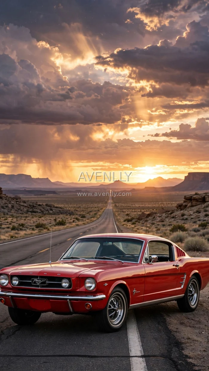 Classic Red Ford Mustang Wallpaper | Desert Sunset Road 4K
