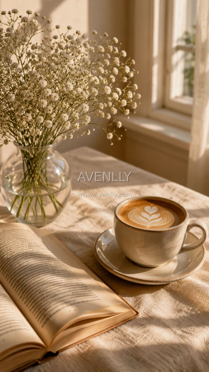 Coffee & Baby's Breath Aesthetic Wallpaper | Cozy Morning Phone Background