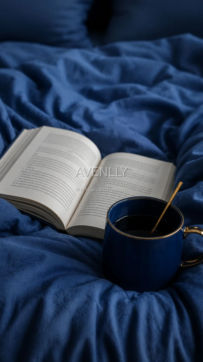 Cozy Blue Coffee & Book Aesthetic Wallpaper
