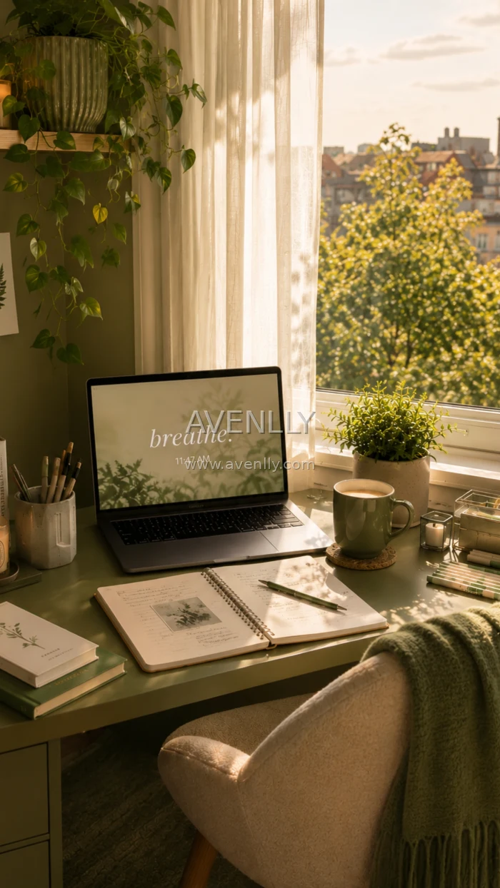 Cozy Green Workspace Aesthetic Wallpaper