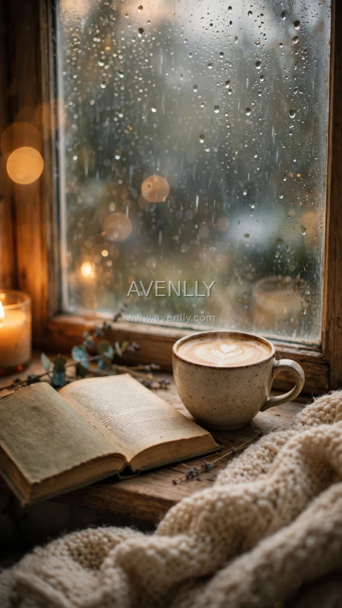 Cozy Rainy Window with Coffee Aesthetic 4K Wallpaper