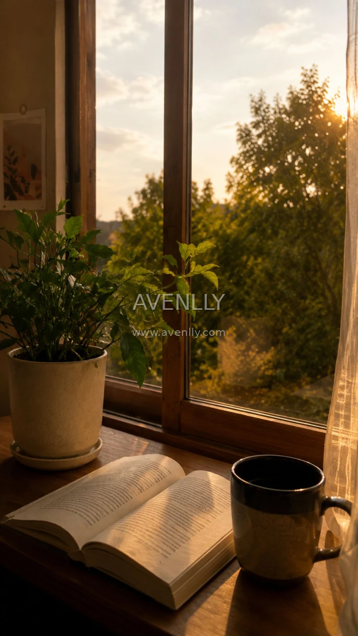 Cozy Reading Nook Aesthetic Wallpaper | Golden Hour Window View (4K)