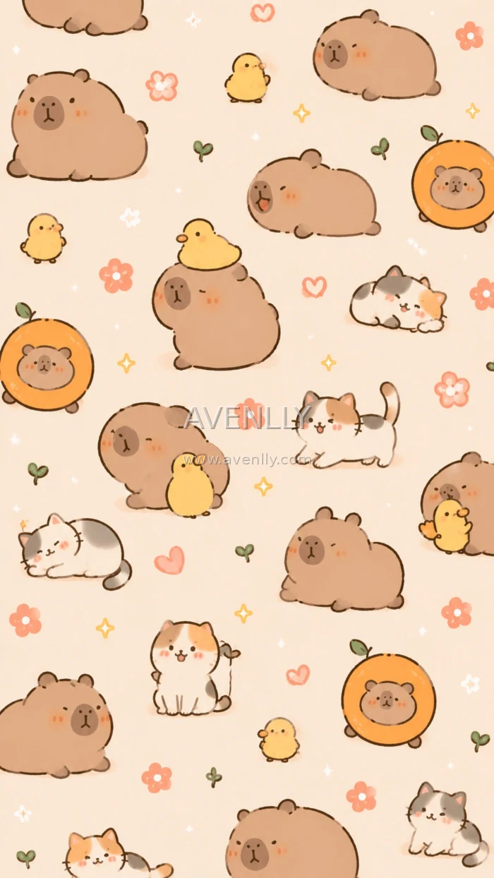Cute Bear & Cat Aesthetic Wallpaper | Kawaii Brown Phone Background