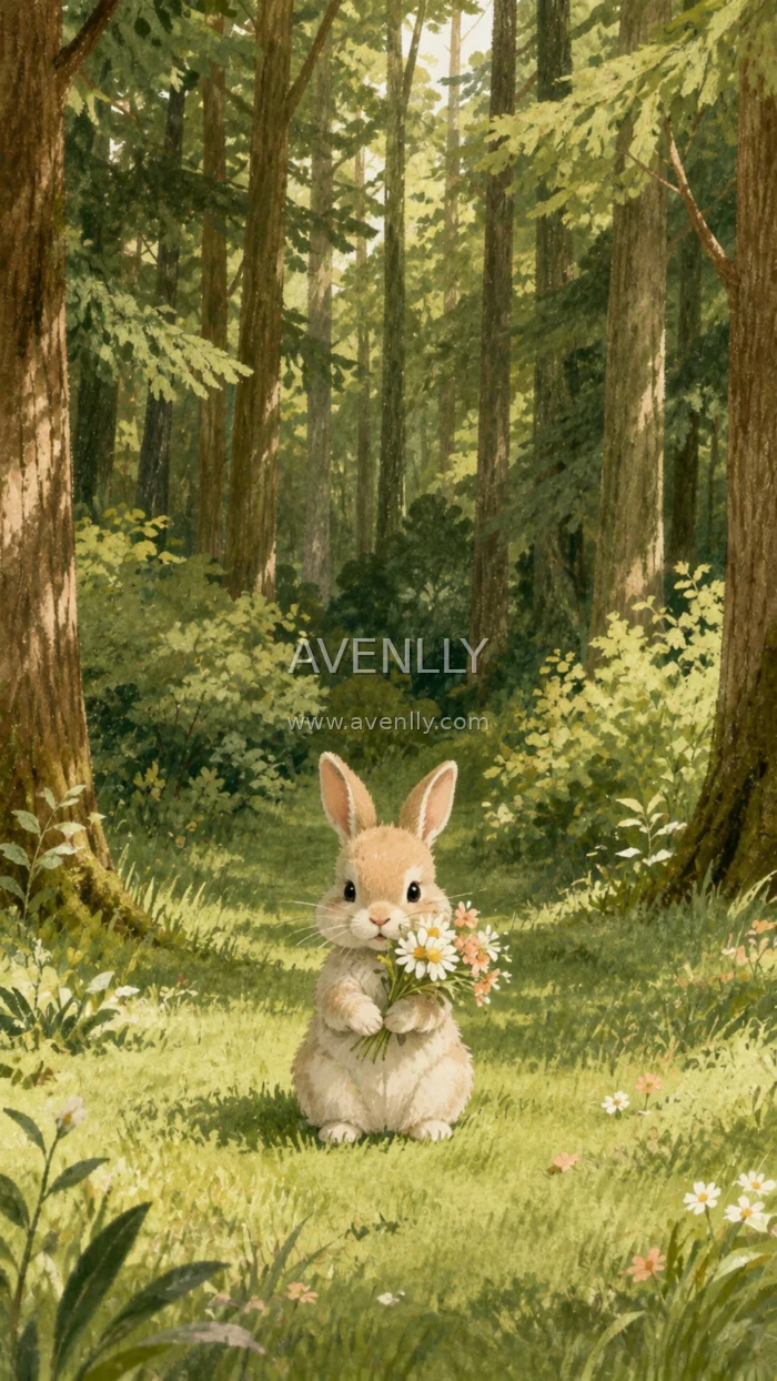 Cute Bunny Forest Watercolor Wallpaper