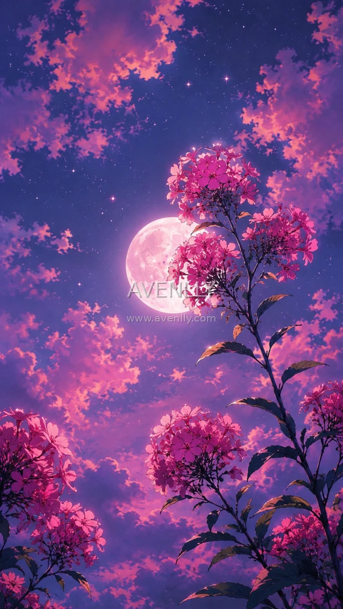Dreamy Purple Moon & Pink Blossom Wallpaper HD