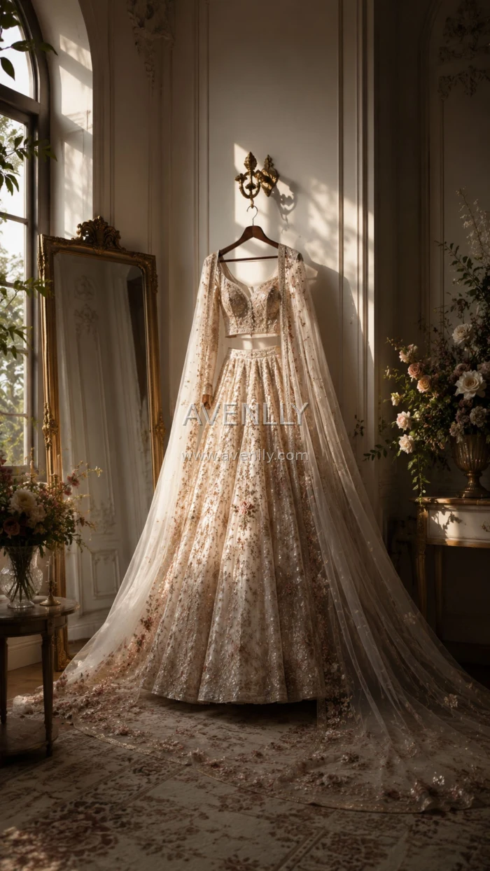 Elegant Floral Bridal Lehenga Wallpaper | Luxury Wedding Dress 4K