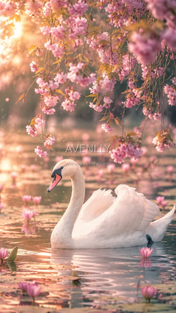 Elegant Swan Cherry Blossom Wallpaper 4K