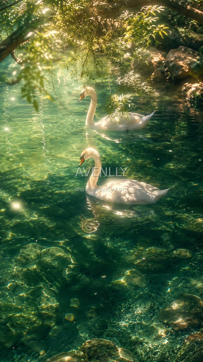 Emerald Waters & Graceful Swans  Aesthetic Wallpaper HD