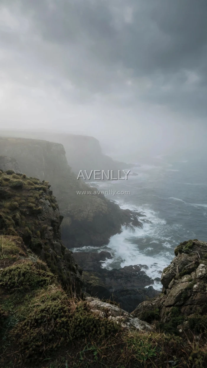 Foggy Moody Ocean Cliffside Waves 4K Wallpaper