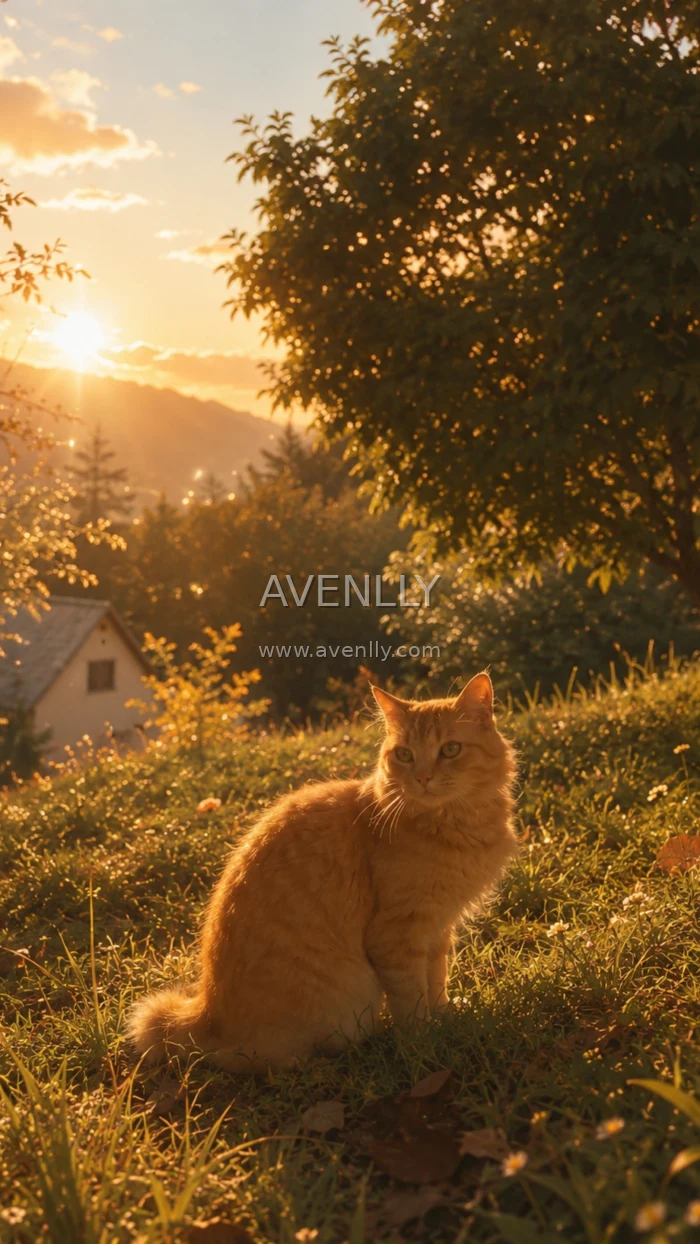 Golden Hour Cat in the Countryside Aesthetic Wallpaper