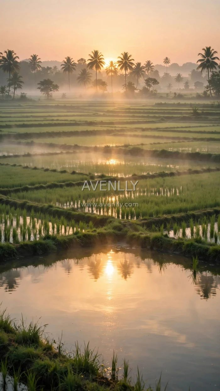 Golden Sunrise Rice Fields Wallpaper | Peaceful Countryside 4K