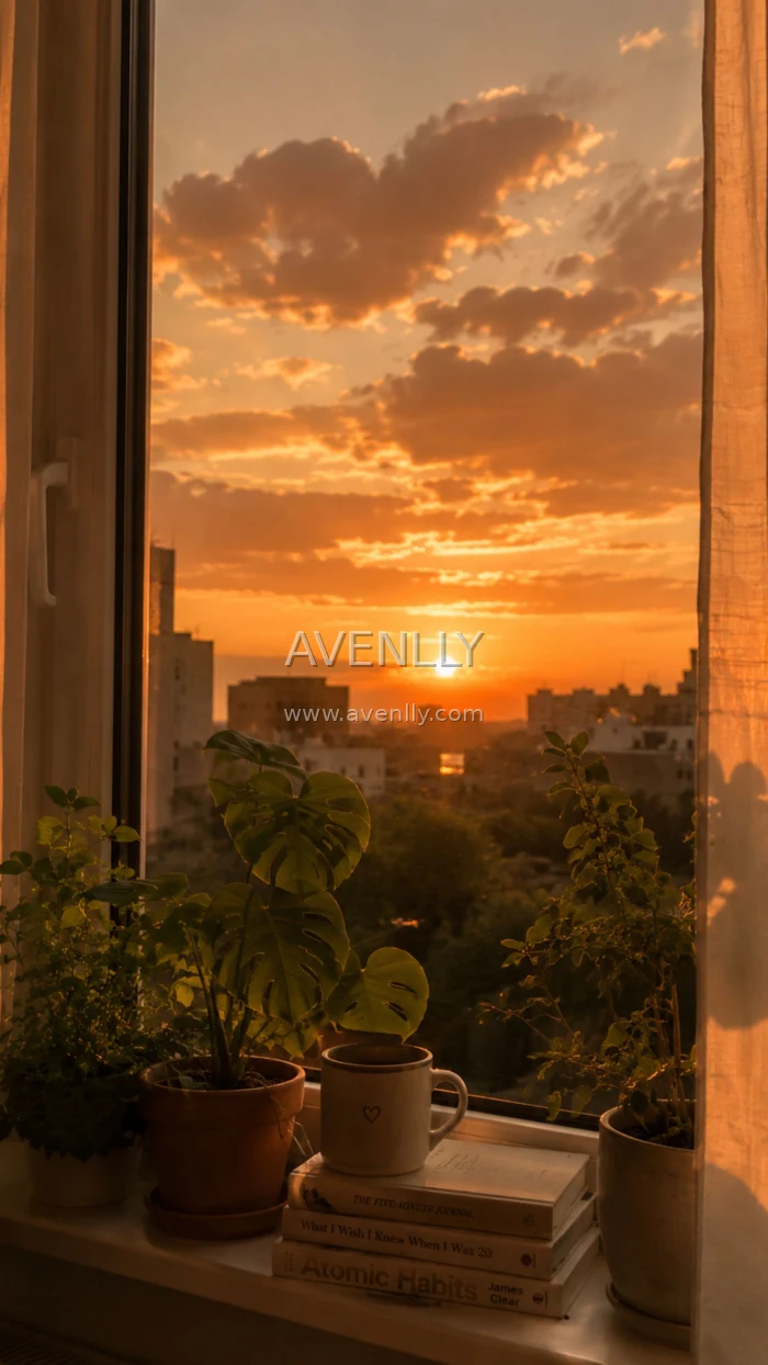Golden Sunset Window View Wallpaper | Cozy Plant Aesthetic (4K)