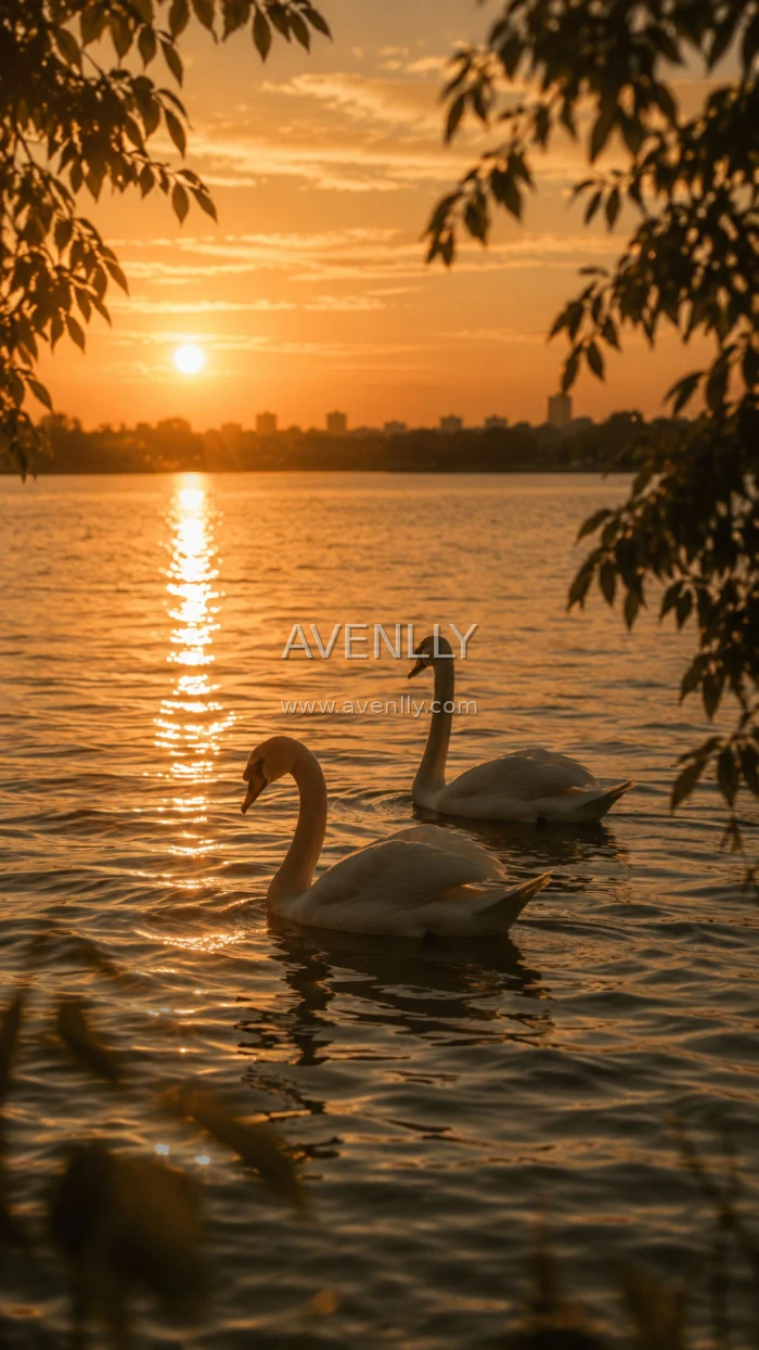 Golden Swan Sunset Wallpaper | Peaceful Lake Aesthetic (4K)