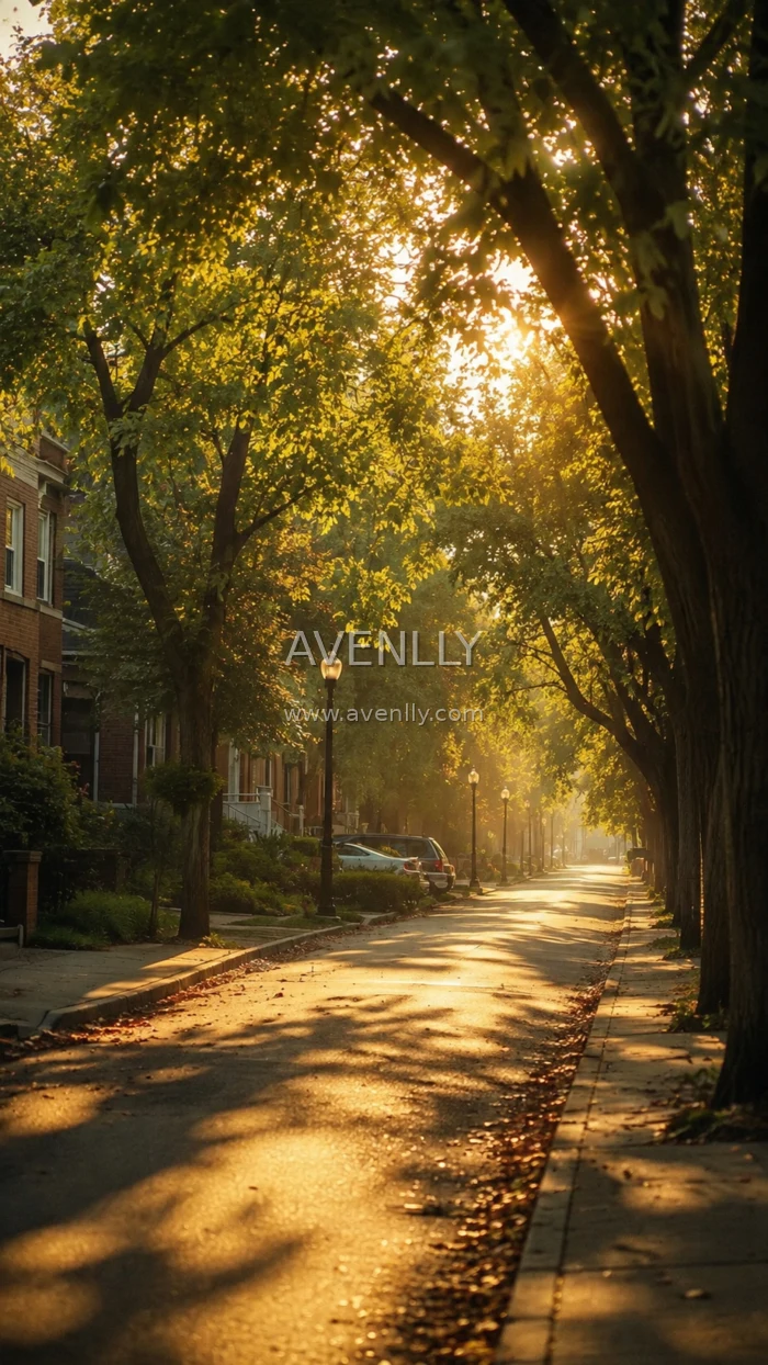 Golden Tree-Lined Street Aesthetic Wallpaper 4K