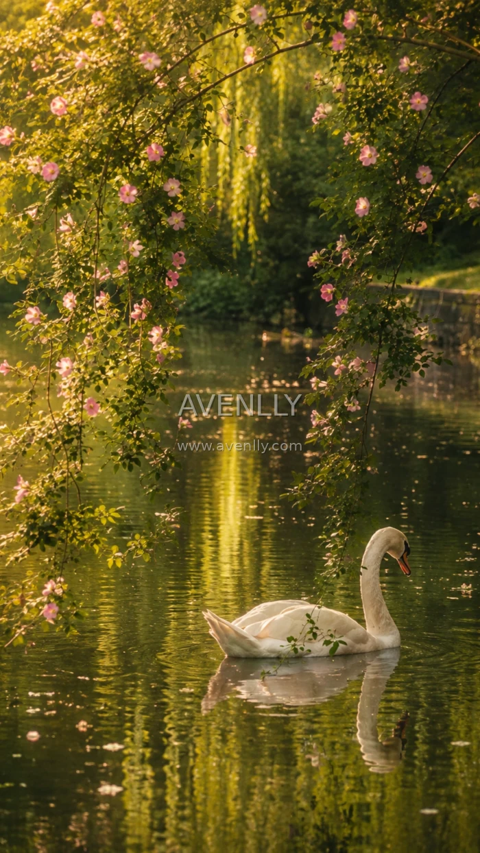 Graceful Swan on a Blooming Lake Wallpaper HD