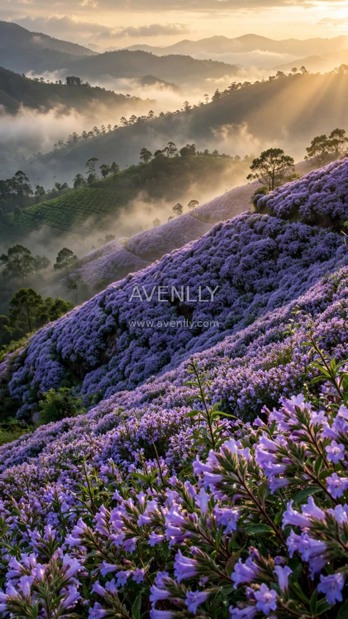 Lavender Mountain Sunrise Wallpaper | Blooming Hills Nature 4K