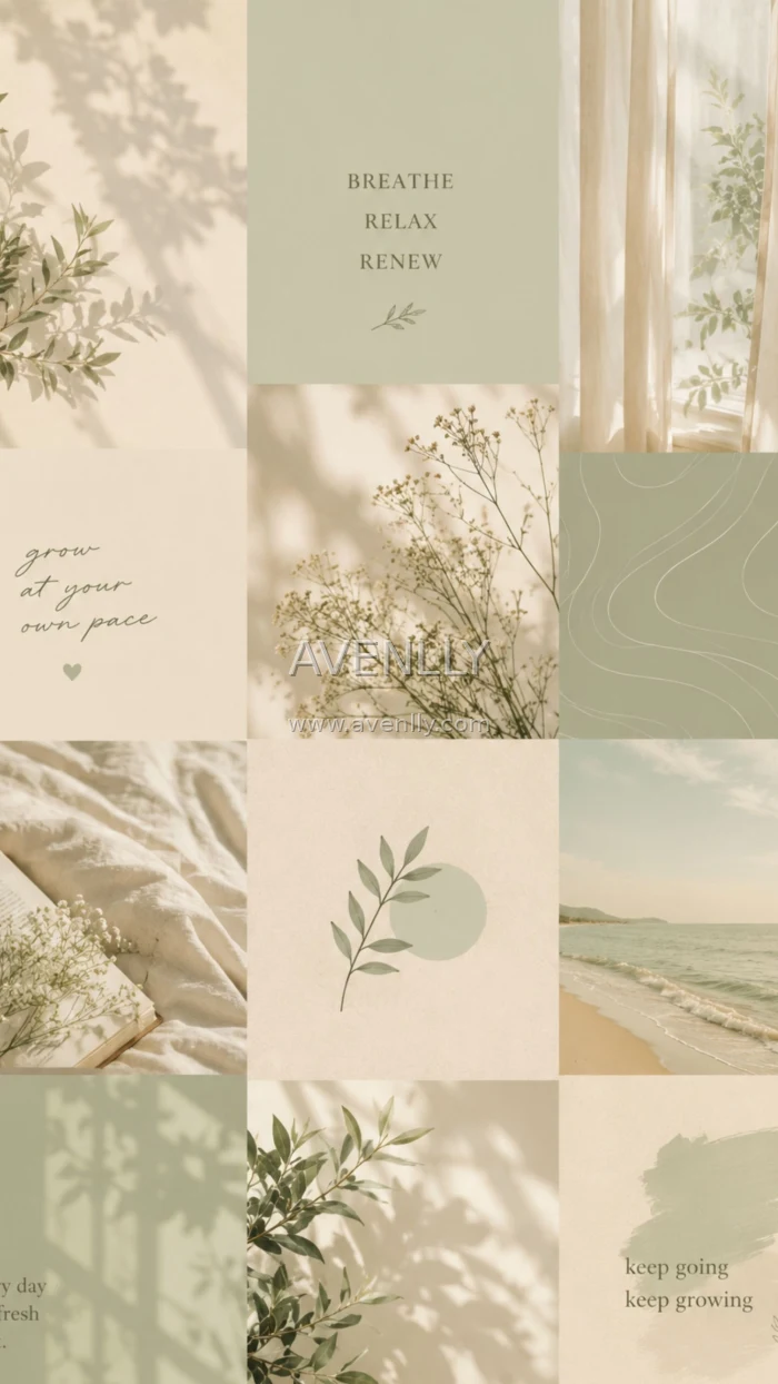 Minimal Sage Green Aesthetic Collage Wallpaper | Calm Mood Board 4K
