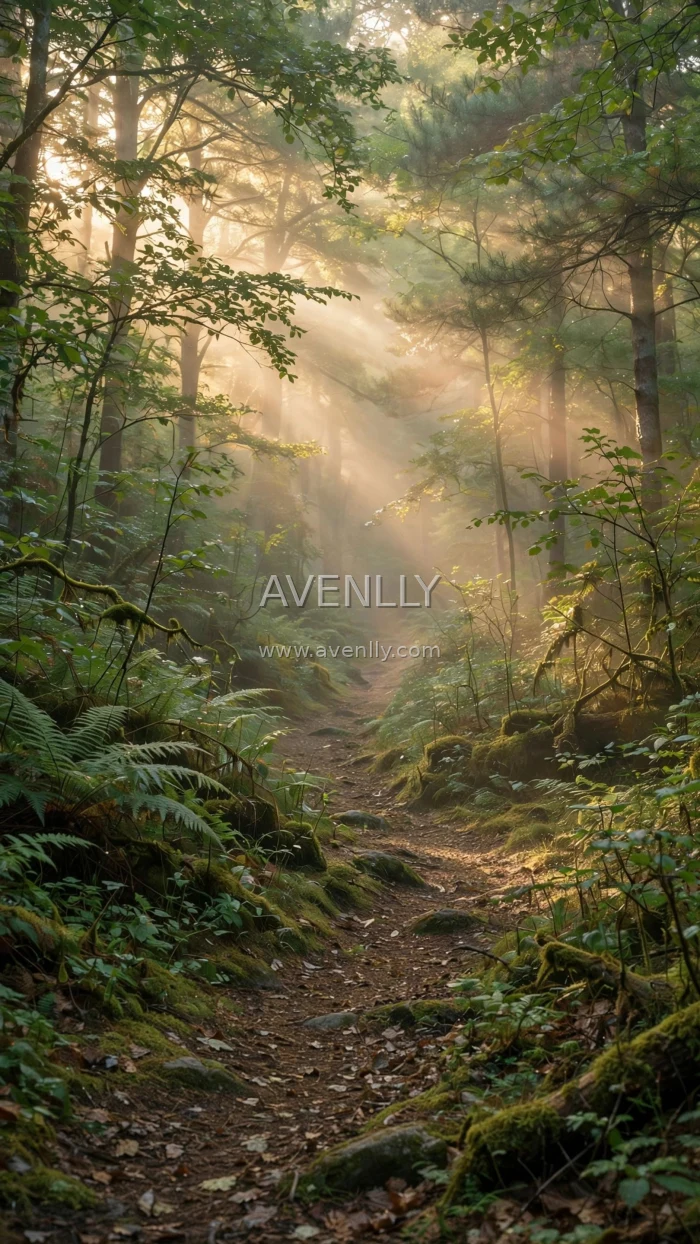 Misty Forest Path Morning Sunbeams 4K Wallpaper