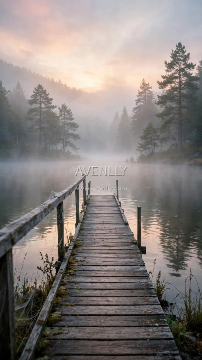 Misty Lakeside Dock Sunrise Photography 4K Wallpaper