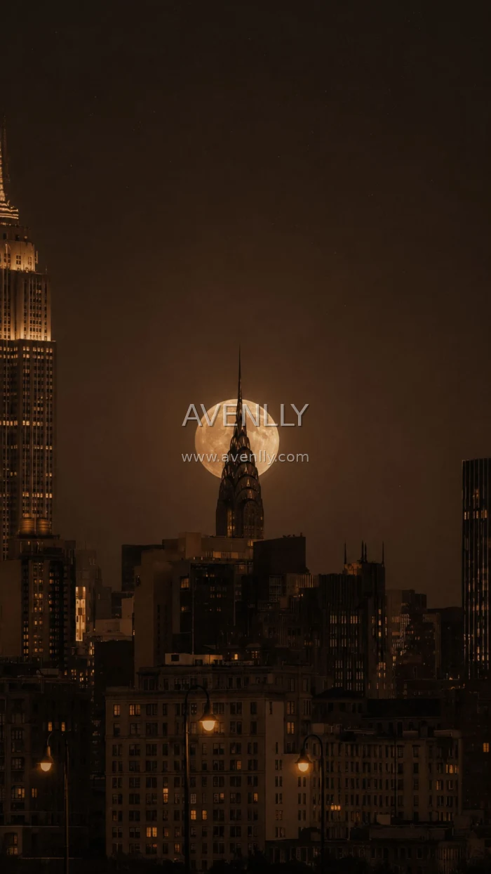 Moon Over City Skyline Wallpaper | Brown Night City Aesthetic