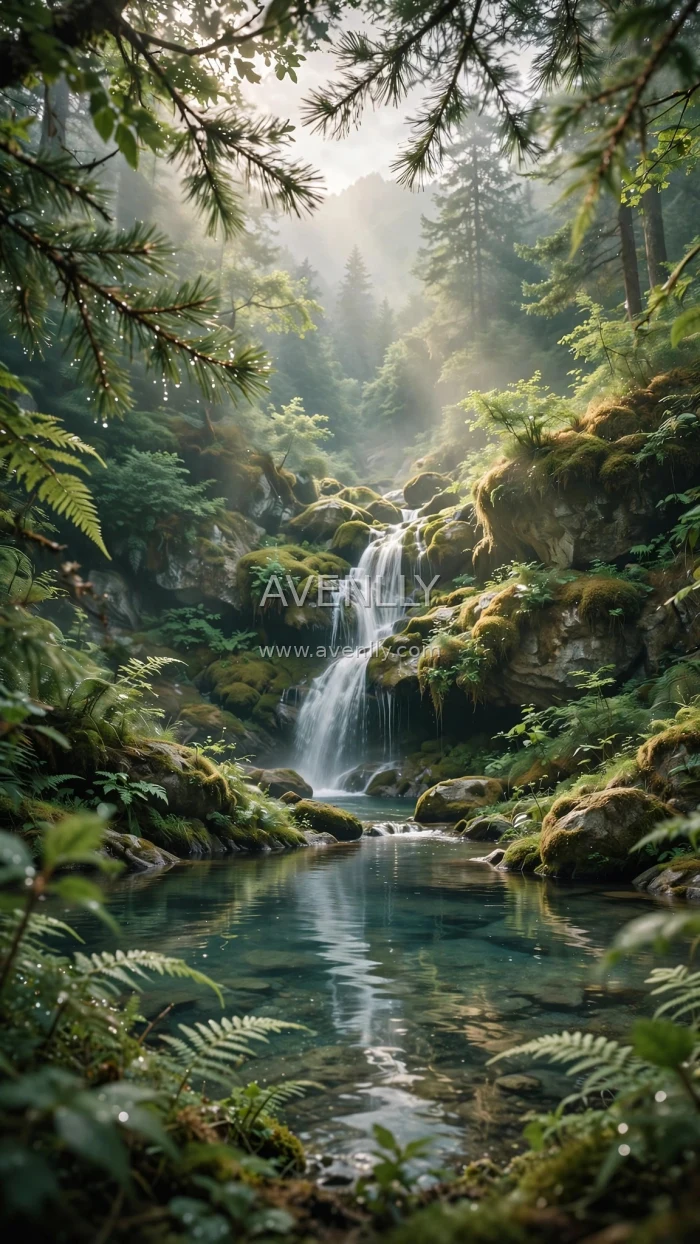 Mossy Forest Waterfall - Avenlly Premium Cinematic Forest Wallpaper