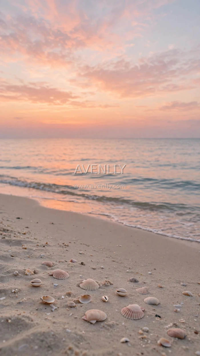 Pastel Beach Sunset with Seashells 4K Wallpaper