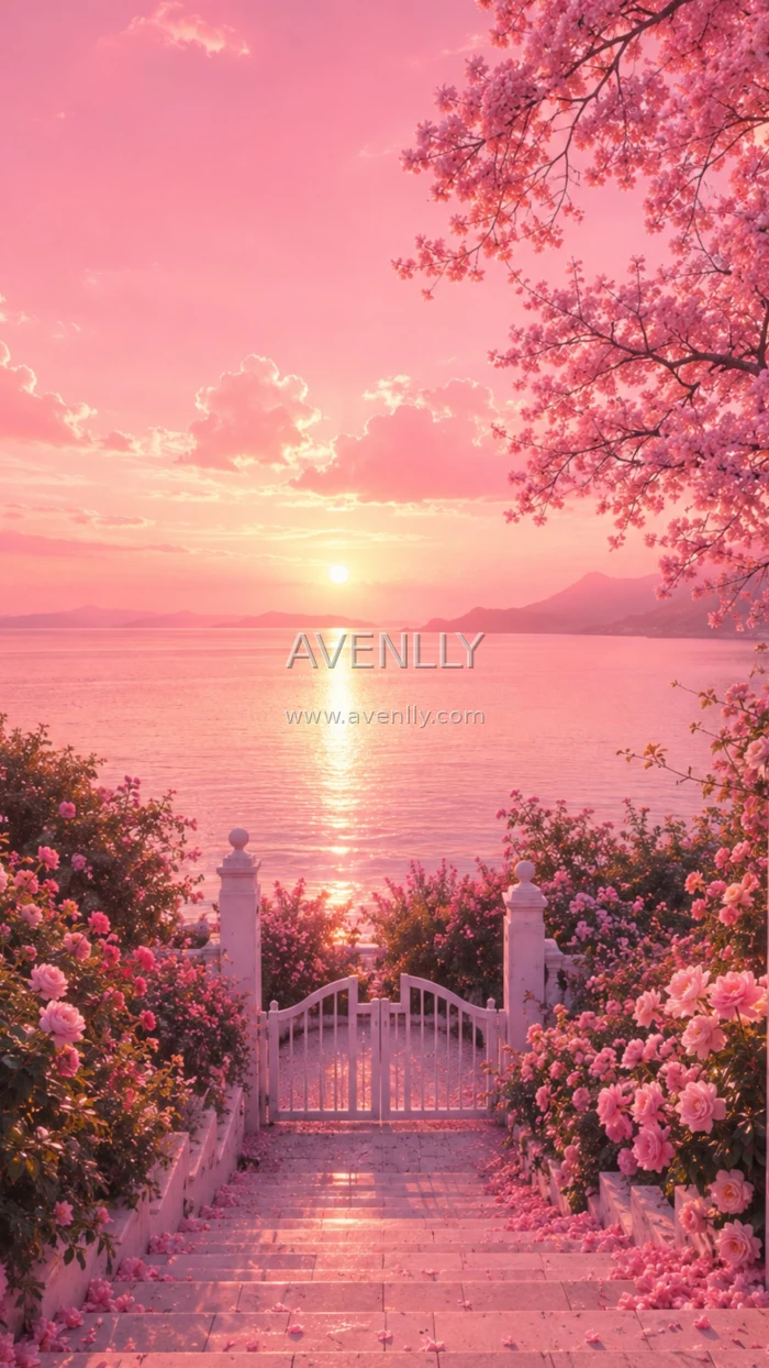 Pink Floral Sunset Garden Aesthetic Wallpaper 4K HD for iPhone & Android