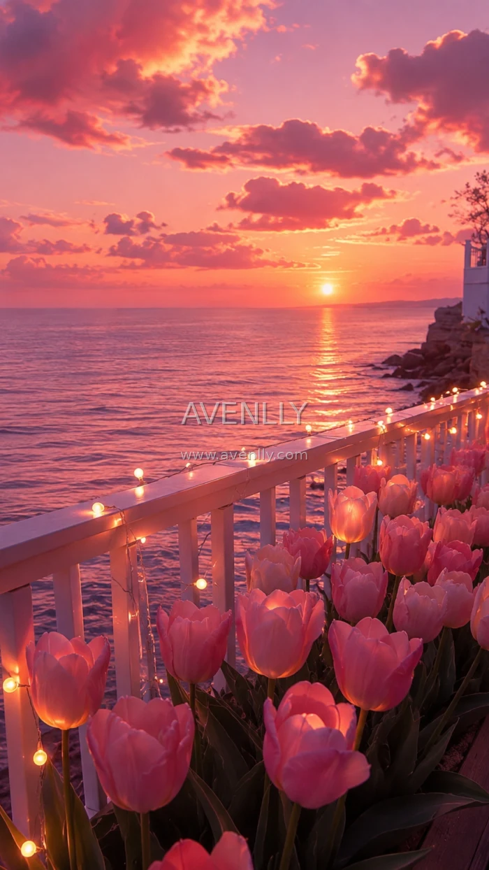 Pink Tulip Ocean Sunset Aesthetic Wallpaper HD