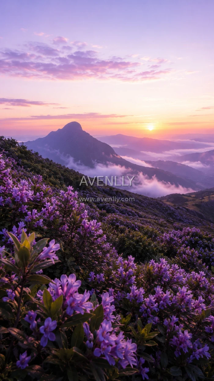 Purple Wildflower Mountain Sunrise Wallpaper | Scenic Nature 4K