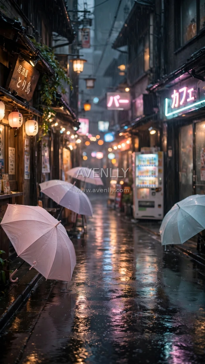 Rainy Tokyo Alley Neon Reflections 4K Wallpaper