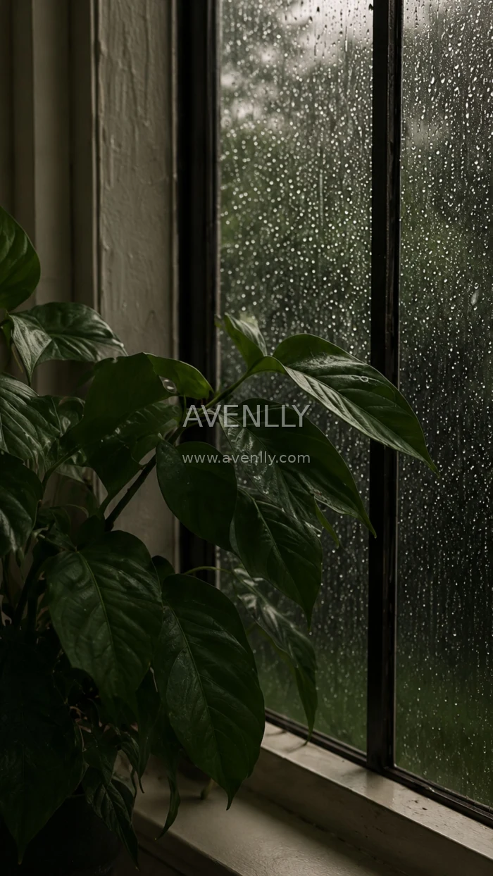 Rainy Window Wallpaper | Green Plant Cozy Aesthetic