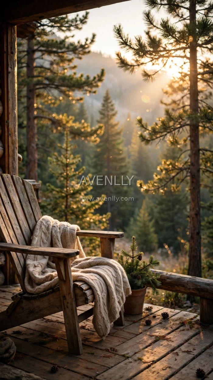 Realistic Mountain Cabin Porch Golden Hour Photography 4K Wallpaper