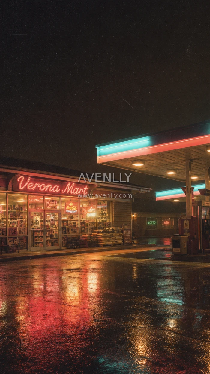 Retro Neon Gas Station Rainy Night Wallpaper