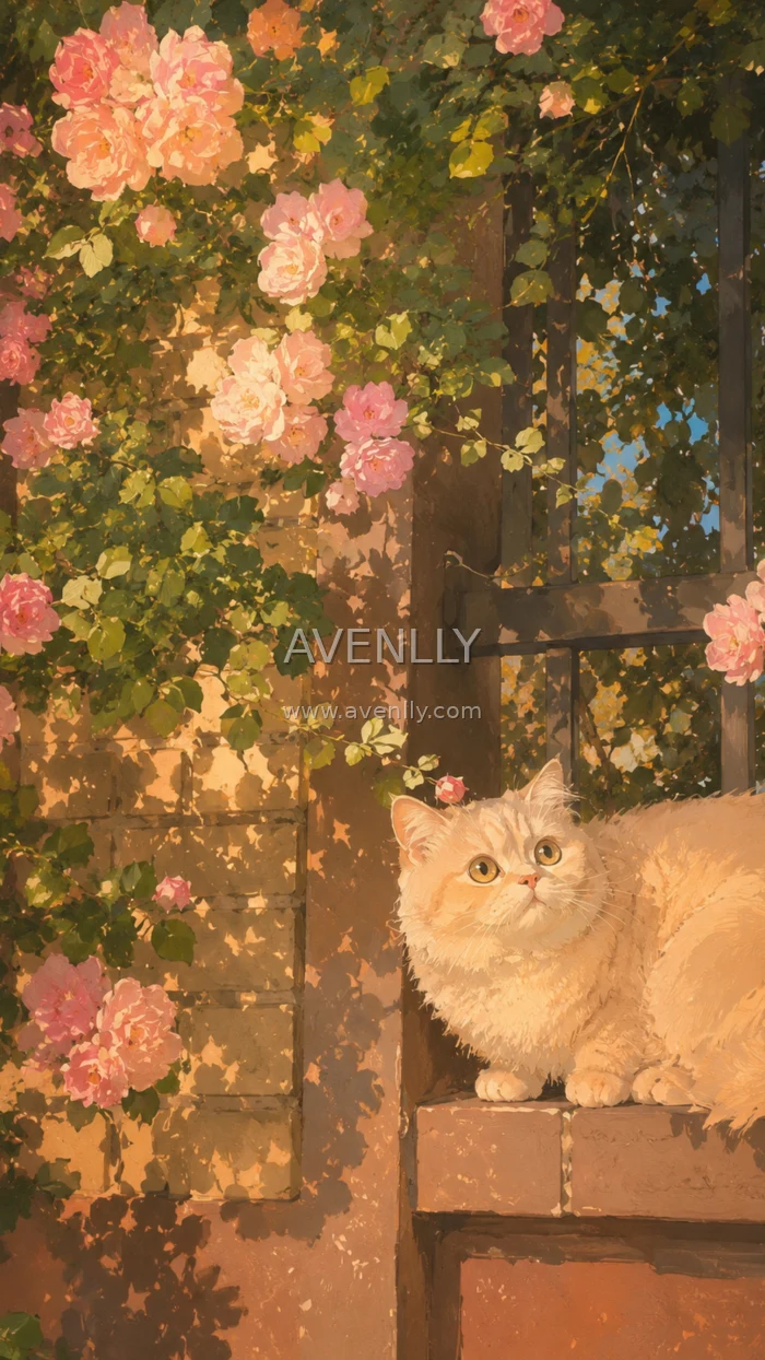 Rose Garden Cottage Cat Wallpaper Aesthetic 4K