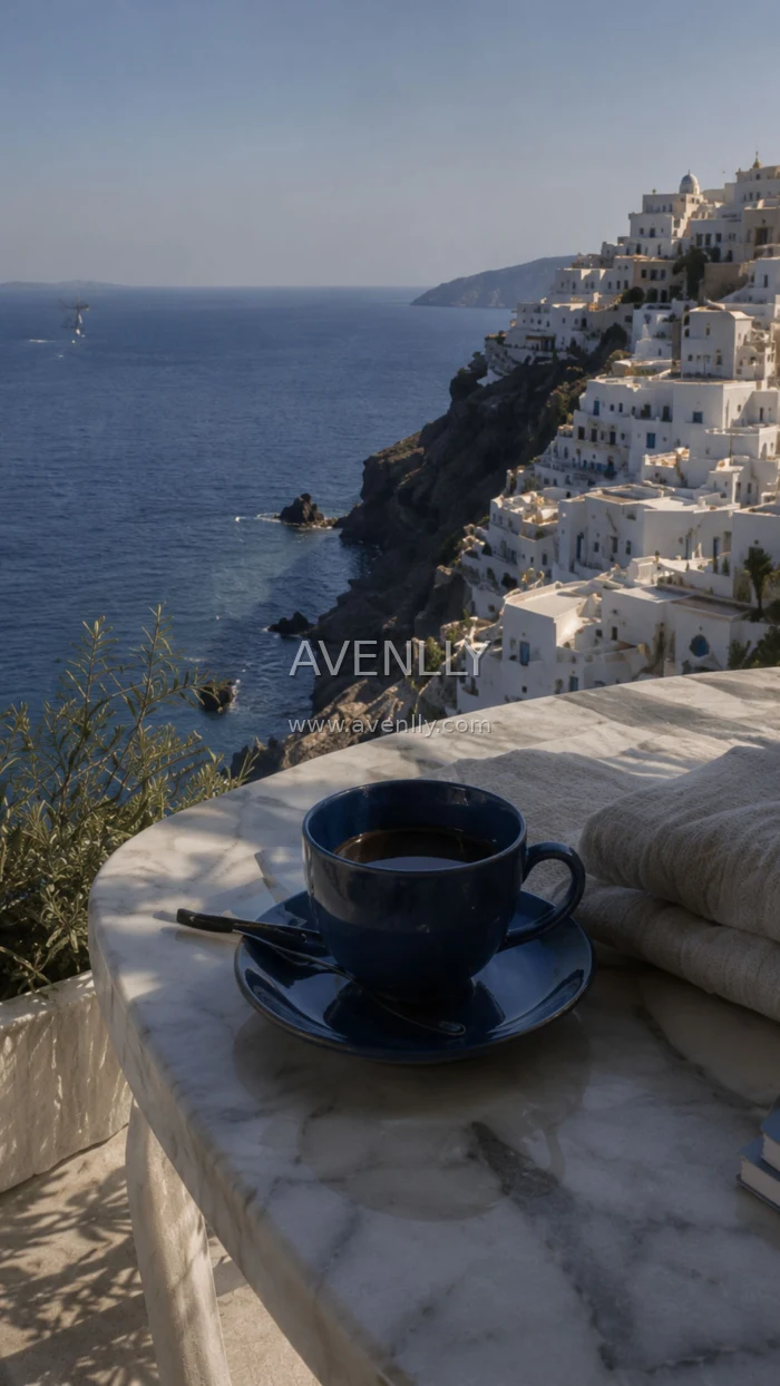 Santorini Sea View Coffee Wallpaper