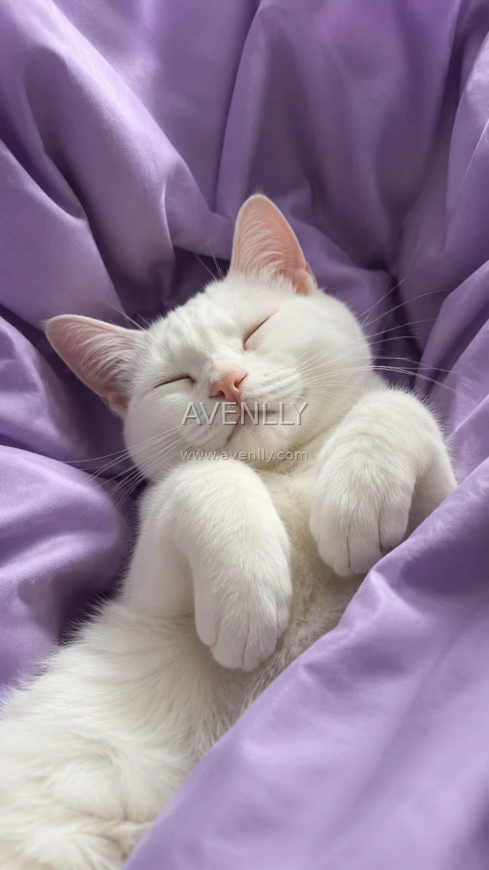 Sleeping White Cat Purple Aesthetic Wallpaper