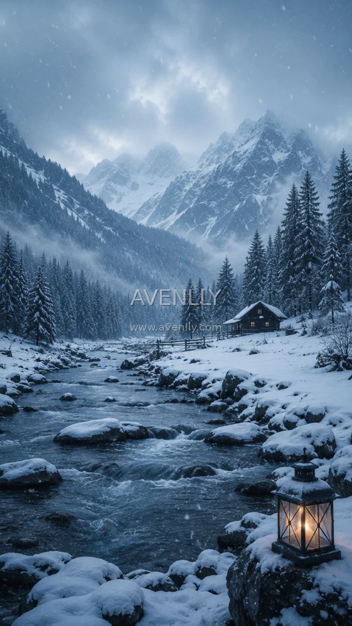 Snowy Mountain Cabin Wallpaper | Winter River Landscape 4K
